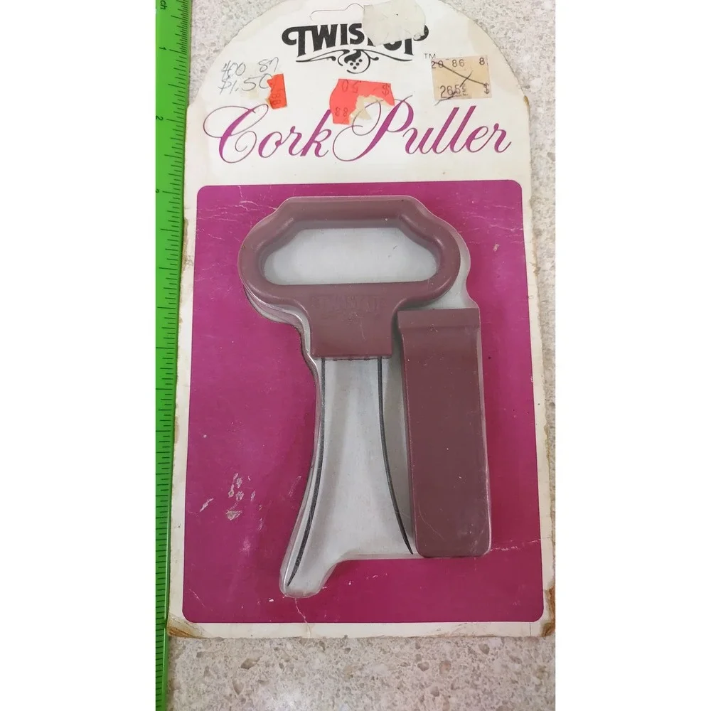 Twist Up Cork Puller Wine Opener OS Burgundy New Vintage 80s Barware Ah-So USA